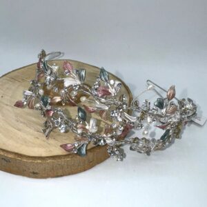 Tiara doble plata con hojas verdes y rosas