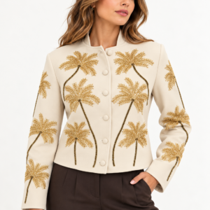 Chaqueta Cruda con Palmeras Bordadas en Dorado